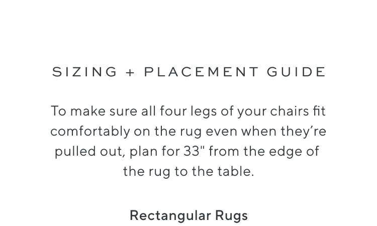 sizing + placement guide. To make sure all four legs of your chairs fit comfortably on the rug even when they're pulled out, plan for 33″ from the edge of the rug to the table. Rectangular Rugs